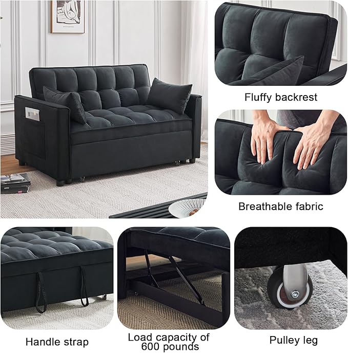 Sleeper Sofa Bed, 3-in-1 Velvet Pull Out Couch with Armrests, Storage Pockets and 2 Pillows, Adjustable Backrest, Pull Out Sofa Bed Couch for Living Room, Bedroom(Black)