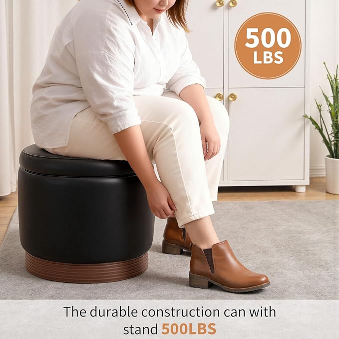 Round Storage Ottoman,Swivel Vanity Stool-Smooth Faux Leather Foot Rest,Footstool Pouf with Sturdy Acacia Wood Frame(500lbs),Small Coffee Table & Hidden Storage Ottoman for Living Room