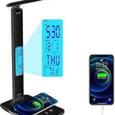 Desk Light with Wireless Charger, USB Charging Port, Dimmable Office Desk Lamp with Clock, Alarm, Date, Temperature, Foldable Lamp for Table Bedroom Bedside Office