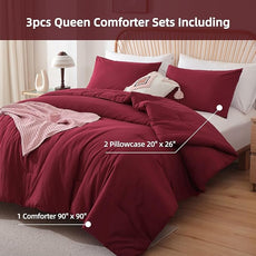 ROSGONIA Queen Comforter Set Dark Red,3pcs Bedding Comforter Sets(1 Boho Red Comforter & 2 Pillowcases) All Season Lightweight Bedspread Blanket Quilt