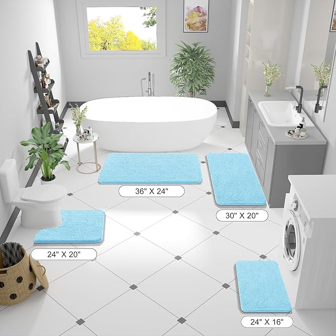OLANLY Bathroom Rugs 47x20, Extra Soft Absorbent Chenille Bath Rugs, Rubber Backing Quick Dry, Machine Washable Bath Mats for Bathroom Floor, Tub and Shower, Home Decor Accessories, Sky Blue