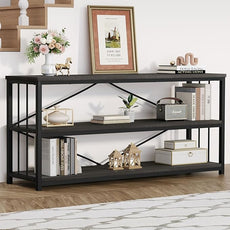 HSH Long Bookcase, Wood Metal Large Low Horizontal Book Shelf for Bedroom, Modern Open 3 Tier Etagere Bookshelf with Storage, Under Window Bookshelves for Home Office Living Room, Dark Gray, 70 Inch