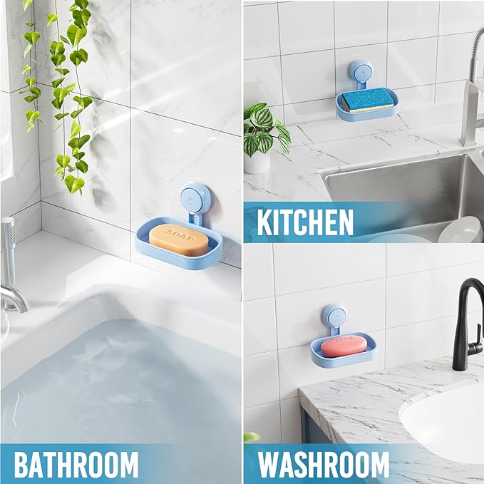 TAILI Soap Dish Bar Holder Suction Cup,SoapSaver with Powerful Vacuum Suction,Sponge Holder for Shower,Bathroom,Tub andKitchen Sink,Universal Shower Accessories,Drill-Free,Removable,2 Pack,Blue