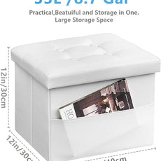 AmasSmile White Storage Ottoman Folding Foot Rest Stool with Side Pocket, 16 inch Leather Footstool Bench, Short Ottoman Bench, Storage Foot Rest Store, Books