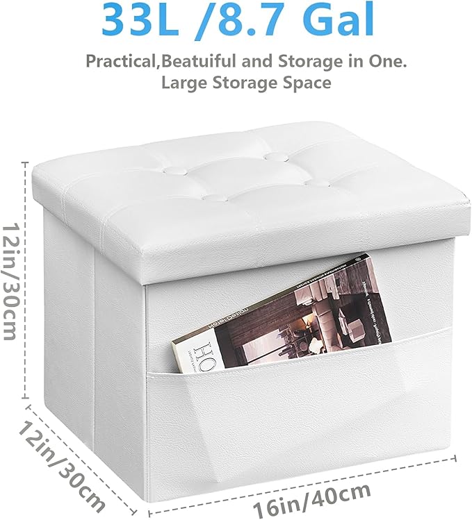 AmasSmile White Storage Ottoman Folding Foot Rest Stool with Side Pocket, 16 inch Leather Footstool Bench, Short Ottoman Bench, Storage Foot Rest Store, Books