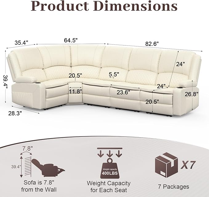 Manual Reclining Sectional Sofa Set, 5 Seats 1+1+3 Leather Reclining Corner Sectional Couch, Family-Sized L-Shaped Recliner Couch with USB Charging, Thickened Padding, Sturdy Frame, White