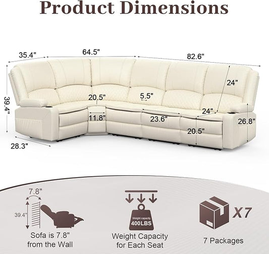 Manual Reclining Sectional Sofa Set, 5 Seats 1+1+3 Leather Reclining Corner Sectional Couch, Family-Sized L-Shaped Recliner Couch with USB Charging, Thickened Padding, Sturdy Frame, White