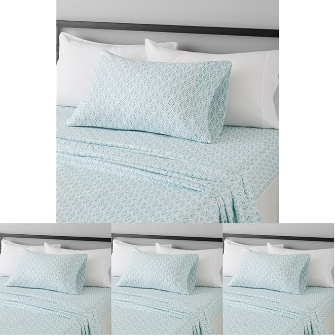Amazon Basics Lightweight Super Soft Easy Care Wrinkle Free Microfiber 3 Piece Bed Sheet Set with 14-Inch Deep Pockets, Twin, Aqua Fern, Floral, Kids, Men & Women Bedding (Pack of 4) AmazonBasics