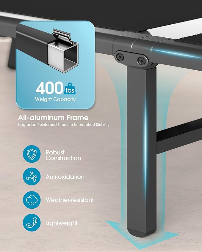 Ciokea Aluminum Outdoor Lounge Chair Set of 2- No Assembly Needed, Foldable Patio Chaise Lounge with 5 Adjustable Positions, Reinforced Frame for Extra Durability, Pool Beach Lounge Chair, Black