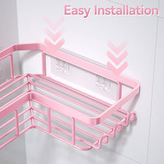 YASONIC Corner Adhesive Shower Caddy, with Soap Holder and 12 Hooks, Rustproof Stainless Steel Bathroom Organizer, No Drilling Wall Mounted Rack, Pink, 3-Pack