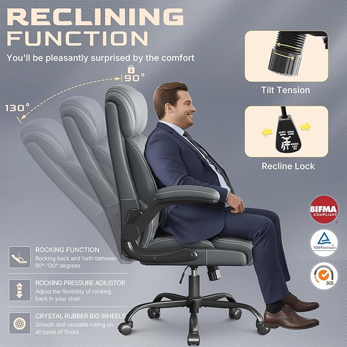 Office Chair, Ergonomic Big and Tall Executive Desk Chair, Breathable Leather Chair with Adjustable Flip-up Armrests, Lumbar Support Swivel Computer Chair with Rocking Function (Gray)