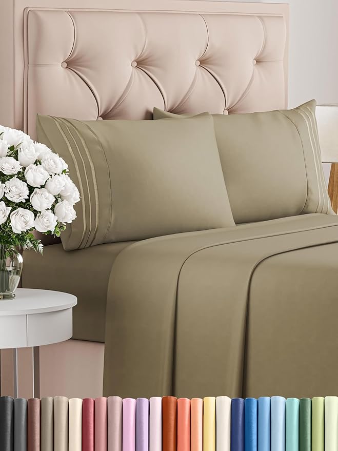 Cal King Size 4 Piece Sheet Set - Comfy Breathable & Cooling Bed Sheets Set - Hotel Luxury Bedding for Women, Men, Kids, Teens, Boys & Girls - Deep Pockets, Ultra-Soft, Wrinkle Free - Oeko-Tex - Khaki
