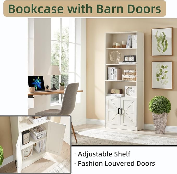 70in Tall Bookshelf 6 Tier Bookcase with Barn Doors and Adjustable Shelf, White Farmhouse Book Shelves with Storage Cabinet