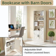 70in Tall Bookshelf 6 Tier Bookcase with Barn Doors and Adjustable Shelf, White Farmhouse Book Shelves with Storage Cabinet