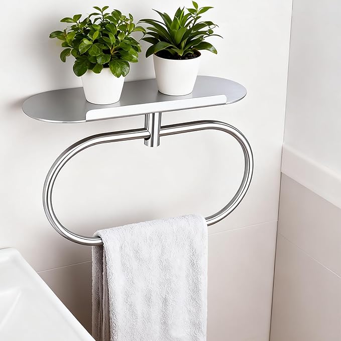 Towel Ring with Shelf Steel Self, Stainless Steel Bath Towel Rings, Self Adhesive Hand Towel Ring for Bathroom, Wall Mounted Towel Hanger for Bathroom Kitchen (Silver)