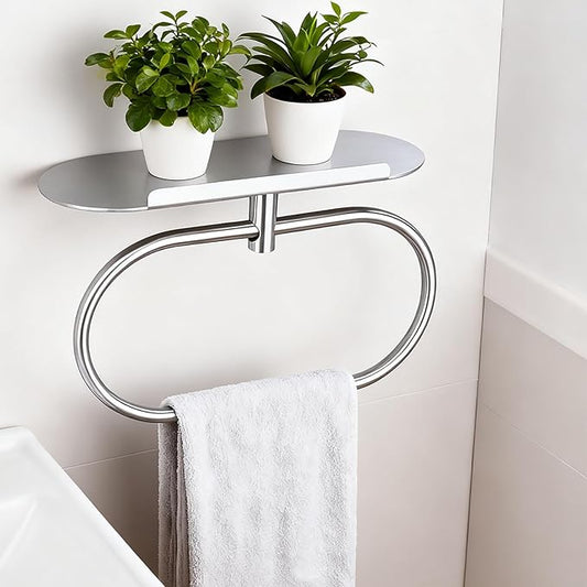 Towel Ring with Shelf Steel Self, Stainless Steel Bath Towel Rings, Self Adhesive Hand Towel Ring for Bathroom, Wall Mounted Towel Hanger for Bathroom Kitchen (Silver)