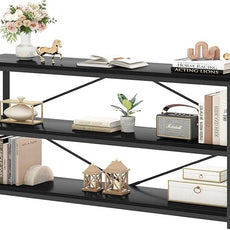 HSH Black Low Bookshelf, Wood Metal 3 Tier Long Horizontal Bookcase for Bedroom, Large Open Etagere Bookshelves with Storage for Home, Wide Under Window Book Shelf for Office Living Room, 70 Inch