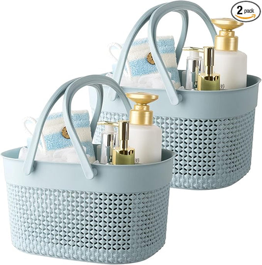 rejomiik 2 Pack Plastic Shower Caddy Basket, Portable Organizer Storage Tote with Handles Toiletry Bag Bin Box for Bathroom, College Dorm Room Essentials, Kitchen, Camp, Gym, Blue