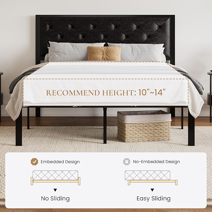 SHA CERLIN Full Size Metal Platform Bed Frame, PU Leather Upholstered Button Tufted Headboard, Mattress Foundation with 12.4” Under-Bed Storage, Noise-Free, Easy Assembly, No Box Spring Needed, Black