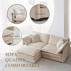 SoarFlash Chenille Sectional Sofa, Comfy L Shaped Modular Coush Sofa with Ottoman, Modern 2 Seat Couch Deep Seat Sofa Set for Living Room,Light Coffee