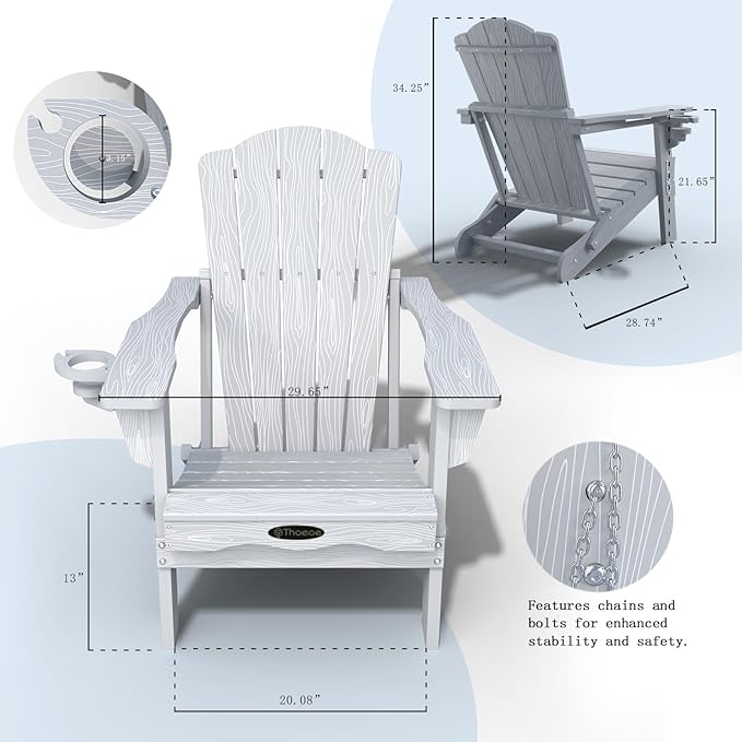 Adirondack Chair Set of 4, Folding All-Weather Outdoor HDPE Patio Chair with Cup Holder, White