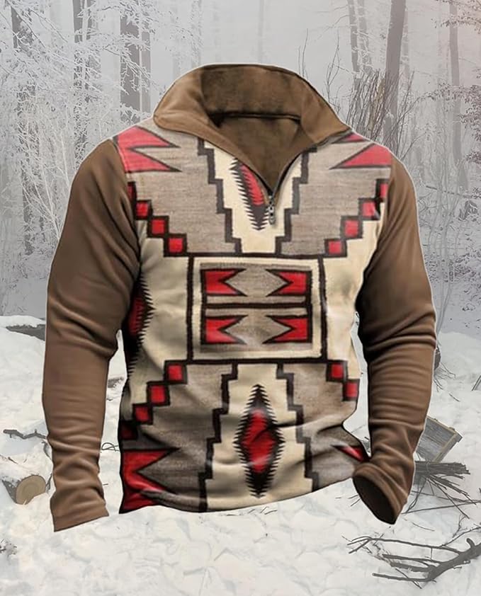 Western Sweatshirts for Men Aztec Cowboy Vintage Graphic Fleece Hoodie Mens Quarter Zip Pullover Country Jacket