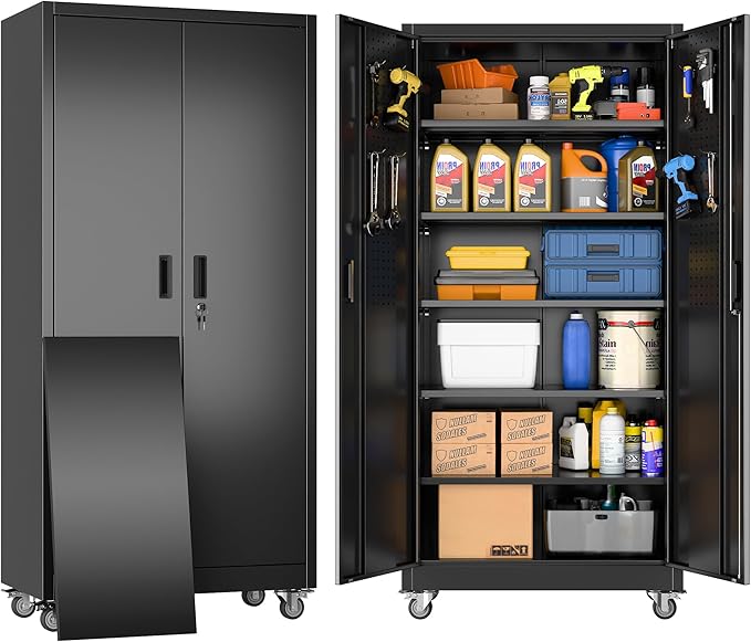 SUXXAN Metal Garage Storage Cabinet with Wheels and Pegboard, 71'' x 34'' x 18'' Lockable Rolling Steel Cabinet with 5 Adjustable Shelves and Door for Garage, Office, Kitchen, Assembly Required
