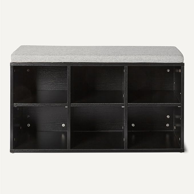 Amazon Basics Shoe Storage Bench with Cushion, Shoe Rack 6 Cubbies, Adjustable Shelves, Black