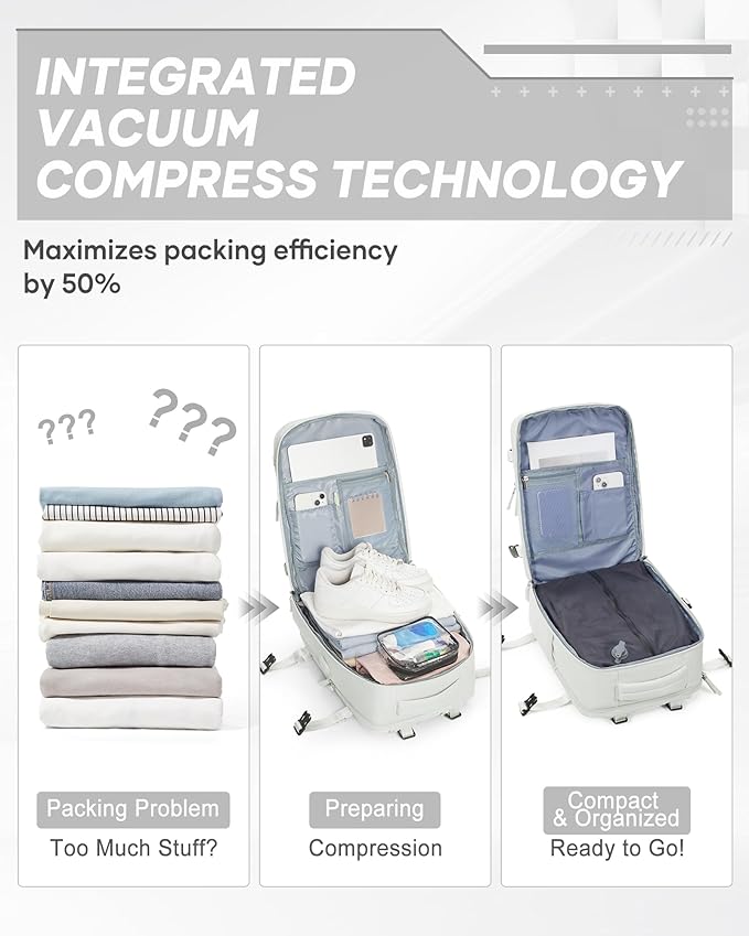 Vacuum Backpack Travel with Electric Vacpack Pump, Vacuum Compression Bags Travel Backpack for Women Men, Flight Approved Waterproof Carry on Backpacks Laptop Work Weekender Daypack, White, Medium