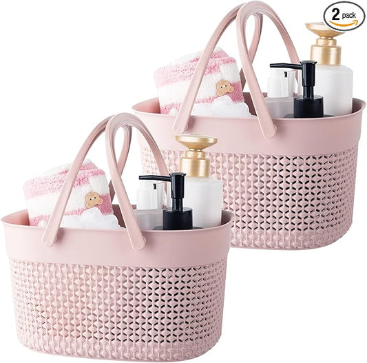 rejomiik 2 Pack Plastic Shower Caddy Basket, Portable Organizer Storage Tote with Handles Toiletry Bag Bin Box for Bathroom, College Dorm Room Essentials, Kitchen, Camp, Gym, Pink