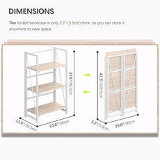4NM No Assembly Folding Bookshelf Storage Shelves 3 Tiers Vintage Bookcase Standing Racks Study Organizer Home Office (Natural White)
