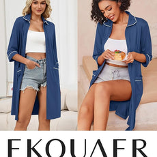 Ekouaer Zipper Robes for Women 3/4 Sleeve Housecoats Knee Length Bathrobe Lightweight Nightgown with Pockets S-3XL