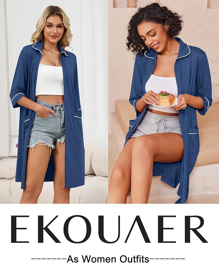 Ekouaer Zipper Robes for Women 3/4 Sleeve Housecoats Knee Length Bathrobe Lightweight Nightgown with Pockets S-3XL