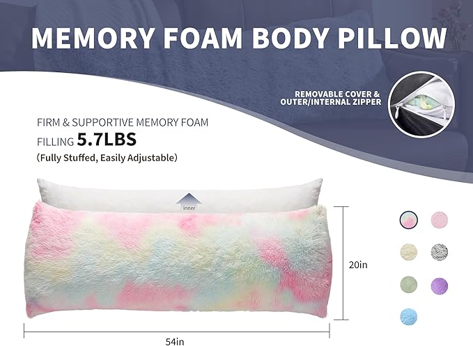 Leg Pillow for Side Sleeping 20x54 Large Bolster Pillow for Bed Weighted Firm Body Pillows with Cover for Adults Long Bed Back Sleeper Pillows for Sleeping Machine Washable Rainbow