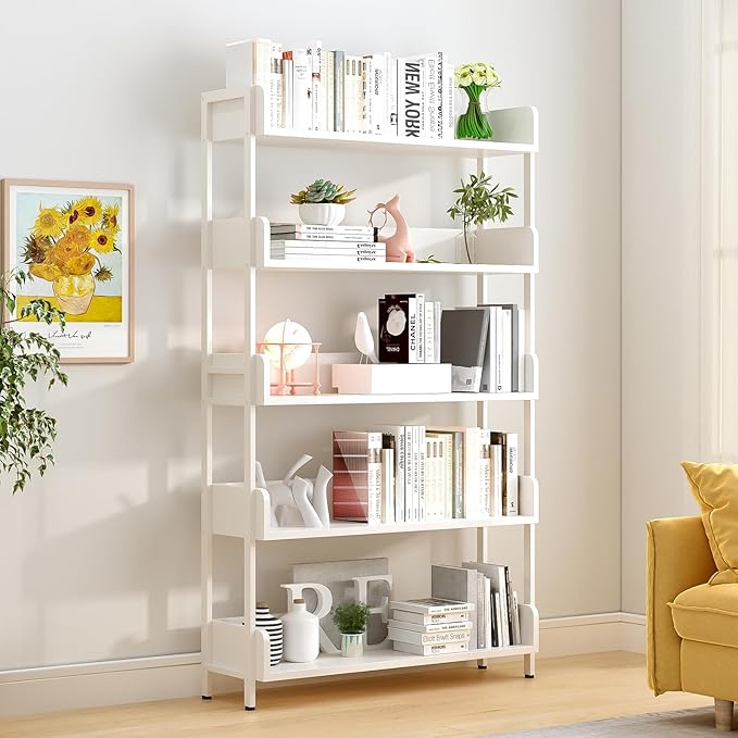 Wide Open Shelf Bookcase - Modern 5-Tier Floor Standing Display Bookshelf with Three-Side Baffles and Metal Frame for Home and Office, Storage Shelving, Warm White