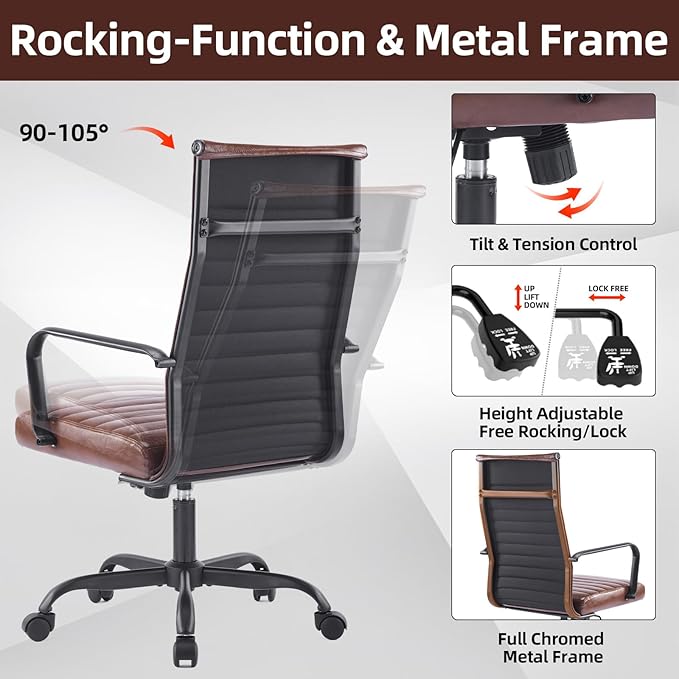 Office Chair, Ergonomic Executive Conference Room Chairs, Ribbed Leather Desk Chair with Lumbar Support, Adjustable Height Mid-Back Swivel Chair with Padded Seat