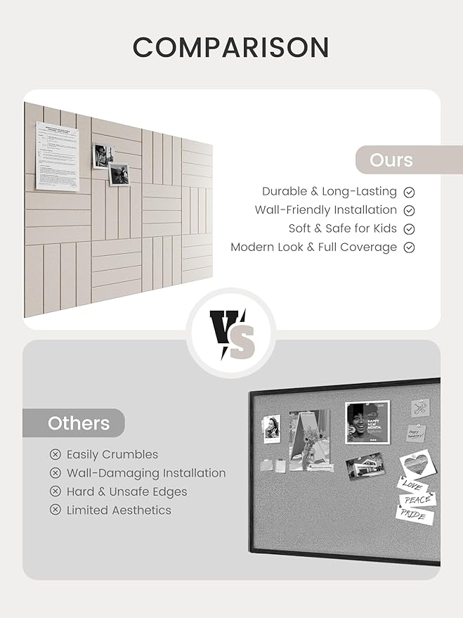 Bumusty Large Cork Board Alternative-47 x35 Felt Bulletin Board Tiles, with 30 Pushpins, 70 Adhesive Tabs, 12-Pack Slat Wall Paneling, Cork Boards for Office Push Pin Board Felt Board-Oatmeal