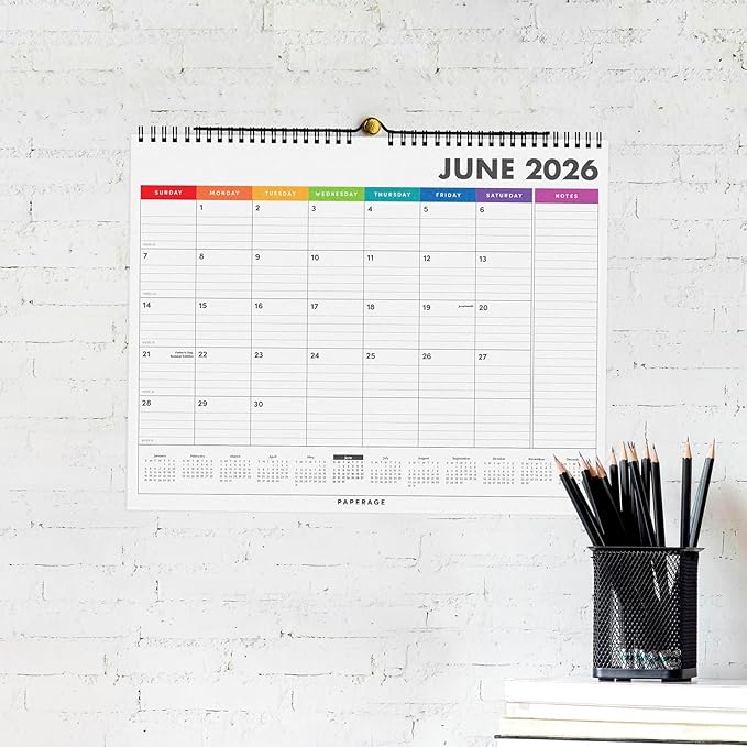 PAPERAGE 2026 Calendar, 12 Months (January 2026 - December 2026), Medium (11.5 in x 14.75 in), Minimalist Wall and Desk Calendar with Monthly Views, Yearly Plans & Notes Section – Rainbow