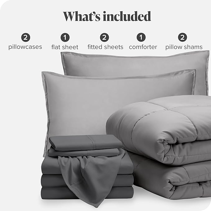 Bare Home Bed-in-A-Bag 8 Piece Comforter & Sheet Set - Split California King - Goose Down Alternative - Ultra-Soft 1800 Premium Bedding Set (Split Cal King, Light Grey/Grey)