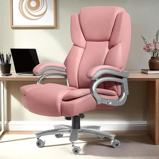Big and Tall Office Chair,500lbs Capacity Heavy Duty Office Chair for Heavy People, High Back Executive Computer Chair with Adjustable Lumbar Support, Quiet Rubber Wheel (Pink)