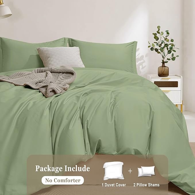 100-Percent Cotton Duvet Cover Set, Hidden Zipper Closure, Ultra Soft, Easy Care and Durable, Simple Bedding Style, Queen, Pastel Green (Comforter Not Included)