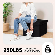 PINPLUS Storage Ottoman Cube Ottoman Foot Rest,Small Foldable Portable Boucle Upholstered Sherpa Ottomans, Faux Teddy Fur, Black 16.5