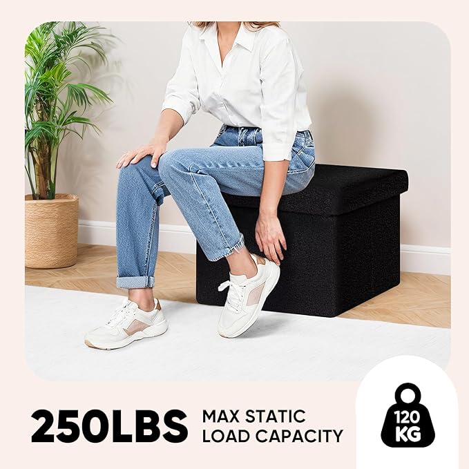 PINPLUS Storage Ottoman Cube Ottoman Foot Rest,Small Foldable Portable Boucle Upholstered Sherpa Ottomans, Faux Teddy Fur, Black 16.5"x12.6"x12.6"