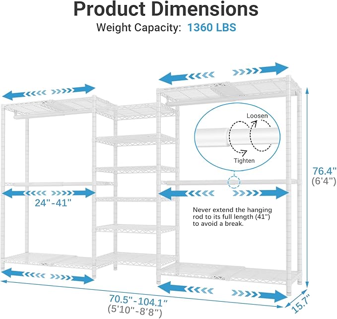 VIPEK X3 Plus Large Expandable Closet Rack Adjustable from 5'10" to 8'8" with Extendable Shelves and Hanger Rods, Freestanding Clothing Racks Modular Closet Systems Wardrobe, Max Load 1360LBS, White