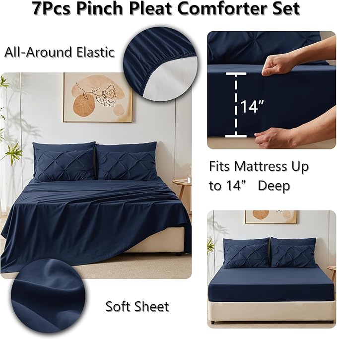 CozyLux King Size Comforter Set Navy Blue, Pintuck Bed in A Bag 7 Pieces, Pinch Pleat Blue Comforter King Size, Bedding Sets with Comforter, Sheets, Pillowcases & Shams