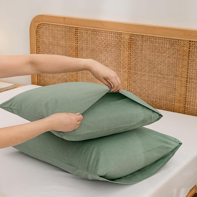 BESTOUCH 100% Washed Cotton Pillowcase for Hair and Skin Linen Feel Soft Comfortable Breathable 2 Set Pillow Case with Envelope Closure Solid Green King 20x36 Inches