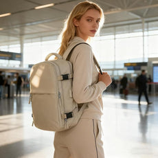 suwasp Vacuum Compression Backpack, 45L Expandable Travel Backpack with Electric Vacpack Pump, Travel Vacuum Bags with Shoe Compartment/17inch Laptop Compartment/USB Port, Beige