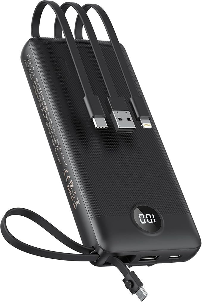 VEEKTOMX Portable Charger Built-in Cables, 20000mAh Power Bank for iPhone, Fast Charge USB C Battery Pack Travel Essentials Powerbank Compatible with iPhone 17/16/15/14, Samsung S25/24, Android, etc