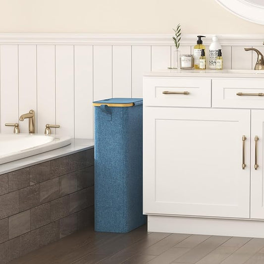 Lifewit 65L Slim Laundry Hamper with Lid, Narrow Laundry Basket with Removable Bag & Bamboo Handles, Fodable Thin Dirty Clothes Hamper for Laundry Collapsible Bin for Bathroom Bedroom Dorm, Dark Blue