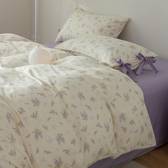 mixinni Cotton Purple Floral Duvet Cover Twin Size Soft Cottage Ribbon Bedding Set Girls Comforter Cover with Zipper 4 Corner Ties for Teenage Girls (1 Duvet Cover + 2 Bowknot Pillowcase)-Twin Size
